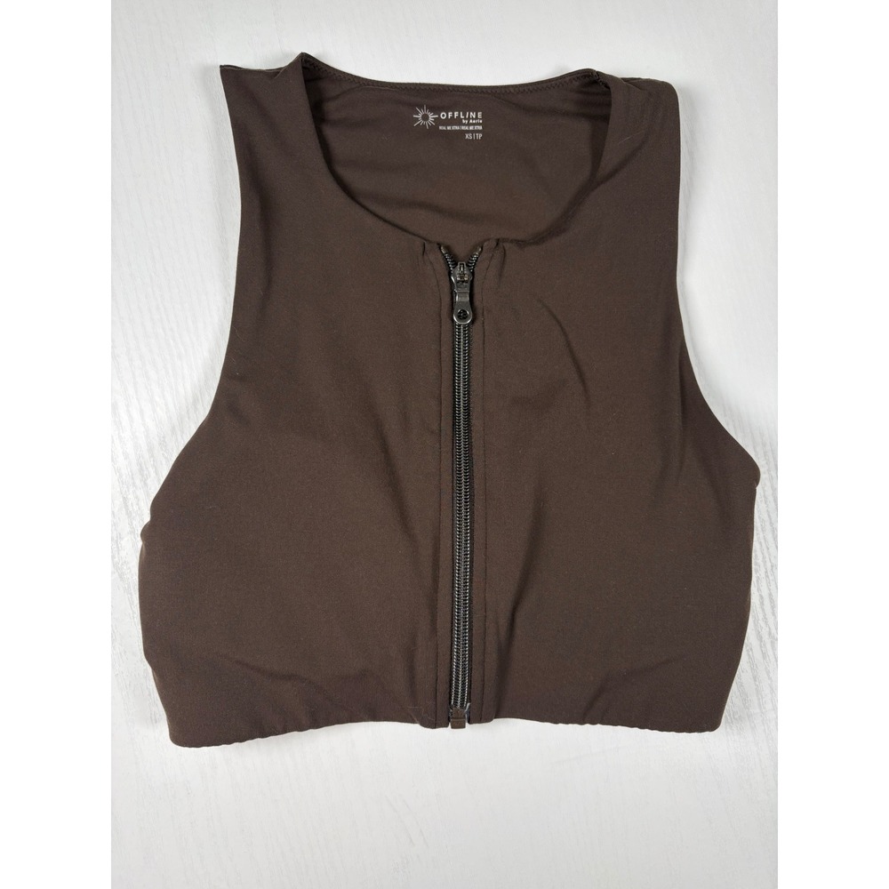 OFFLINE by Aerie Real Me Xtra Zip Front Sports Bra Brown XS High Neck Racerback